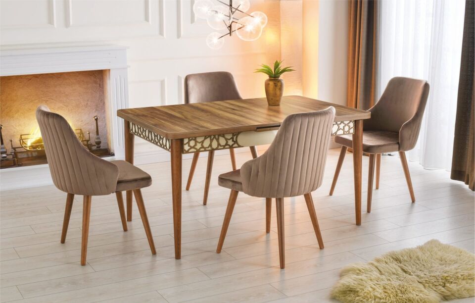 MDF Masa/Ceviz - Krem - 4 Adet Karen Sandalye Açılabilir Masa Takımı