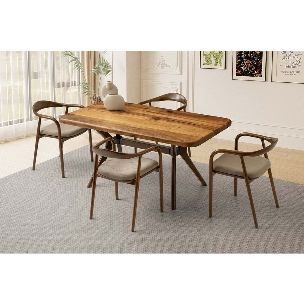 Mobilgen Ceviz 4 Adet Yılan Sandalye Doğal Ahşap Masa Takımı