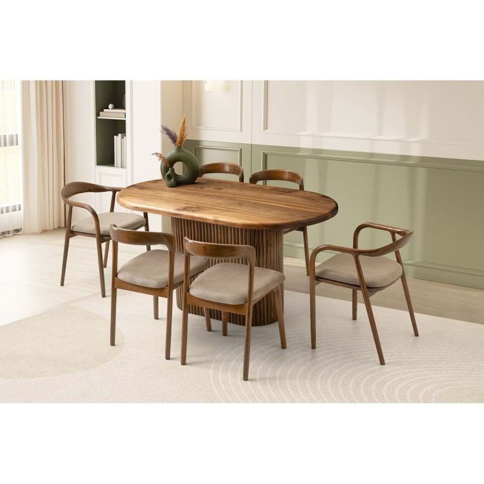 Mobilgen 2 Adet Yılan Sandalye Kollu - 4 Adet Yılan Kolsuz Sandalye Doğal Ahşap Masa Takımı