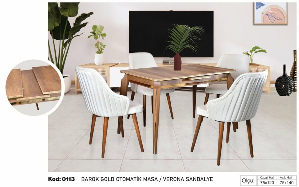 Barok Gold Kahve Otomatik Masa Krem Verona Sandalye