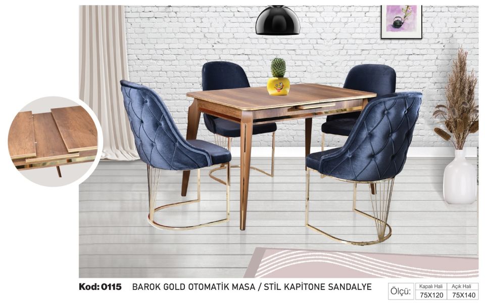 Barok Gold Kahve Otomatik Masa Lacivert Stil Kapitone Sandalye