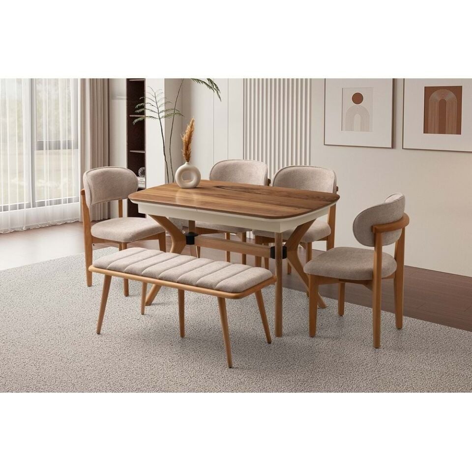 Mobilgen 4 Adet Nergis Sandalye - 1 Adet Deco Bench 130+35 Açılabilir Çınar Masa Takımı