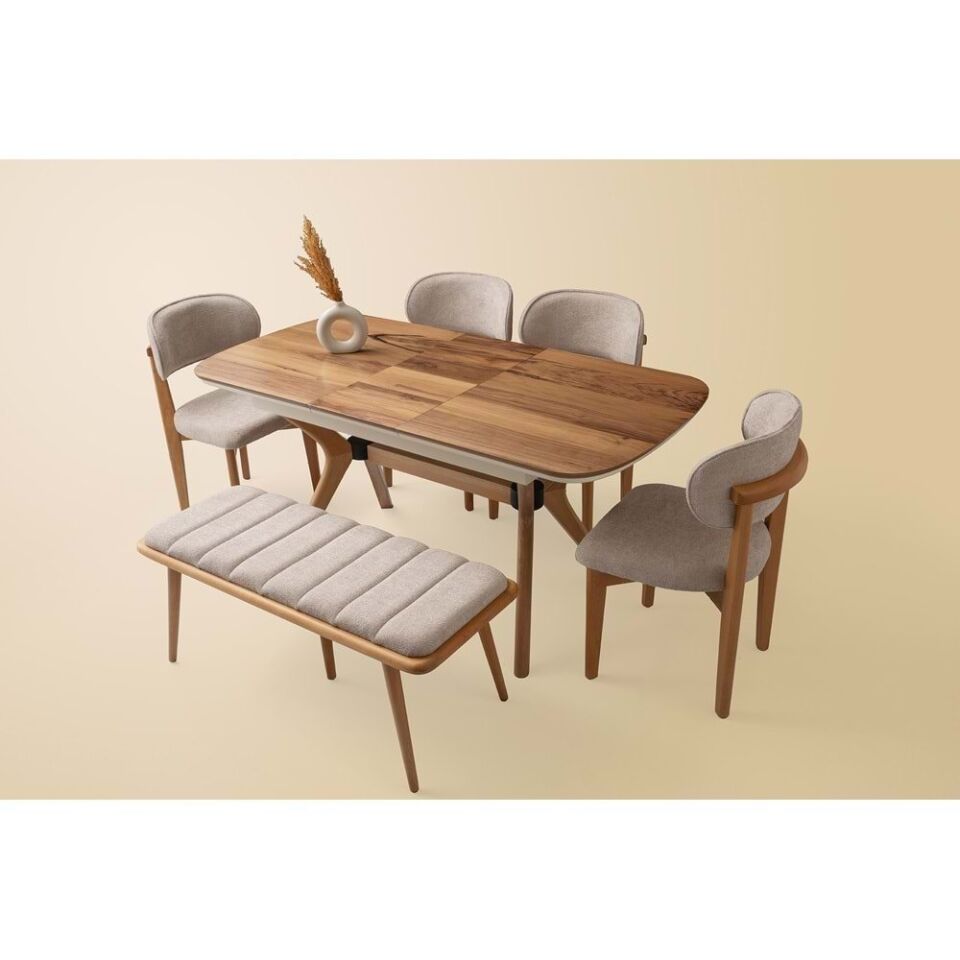 Mobilgen 4 Adet Nergis Sandalye - 1 Adet Deco Bench 130+35 Açılabilir Çınar Masa Takımı