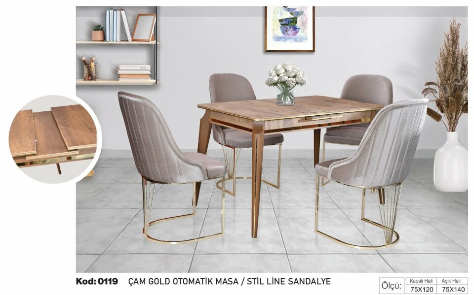 Çam Gold Kahverengi Otomatik Masa Kahverengi Stil Line Sandalye