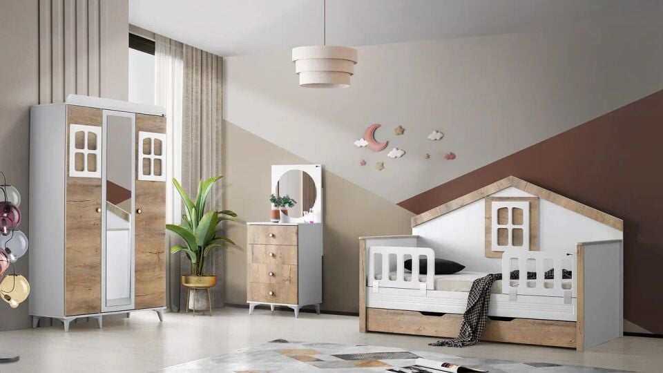 Gitar MLO Çatılı Sedir Karyola Çocuk Odası Takımı