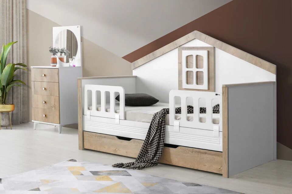 Gitar Beyaz - Meşe MLO Çatılı Sedir Karyola