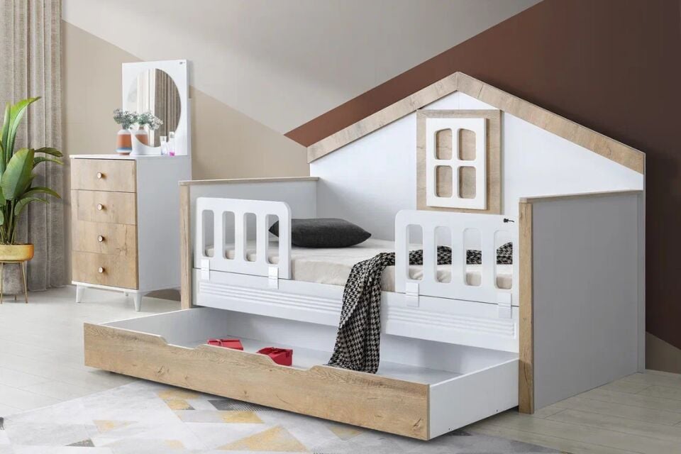 Gitar Beyaz - Meşe MLO Çatılı Sedir Karyola