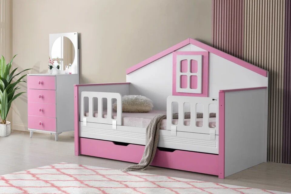 Gitar Beyaz - Pembe MLO Çatılı Sedir Karyola