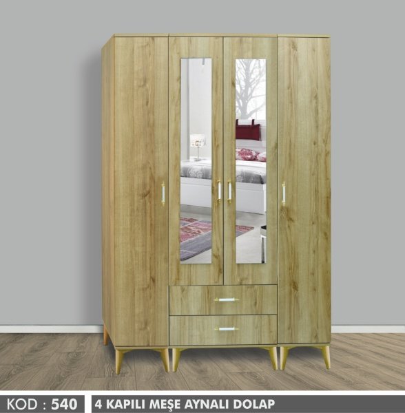 Maye 4 Kapılı Meşe Aynalı Dolap