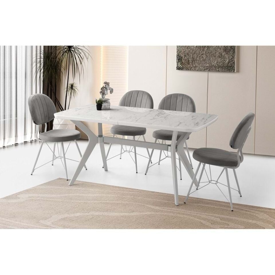 Mobilgen Marmo 4 Adet Ahtapot Sandalye 160+30 Anka HG Açılabilir Masa Takımı