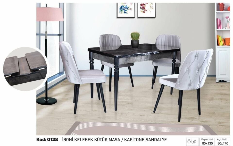 İroni Kelebek Kütük Masa Gri Kapitone Sandalye