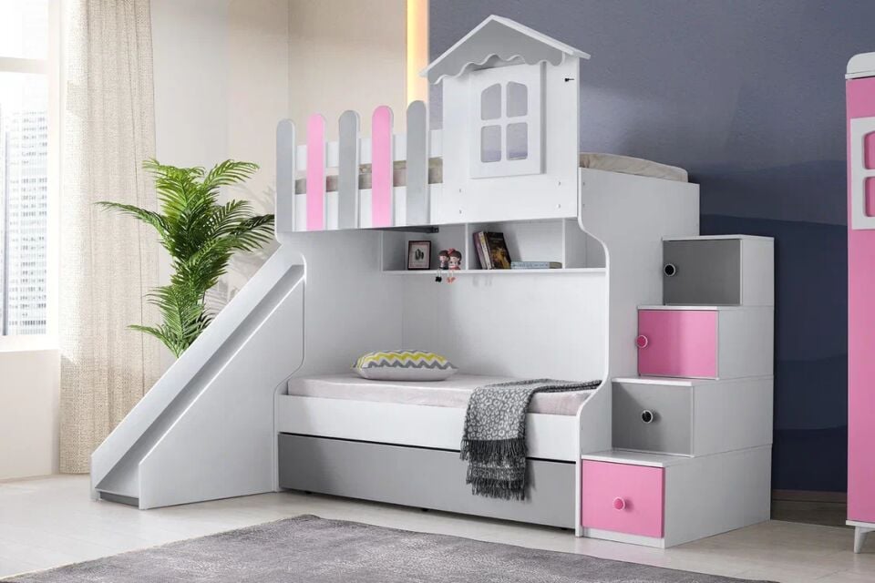 Gitar Beyaz - Pembe - Gri Mango Kaydıraklı Ranza