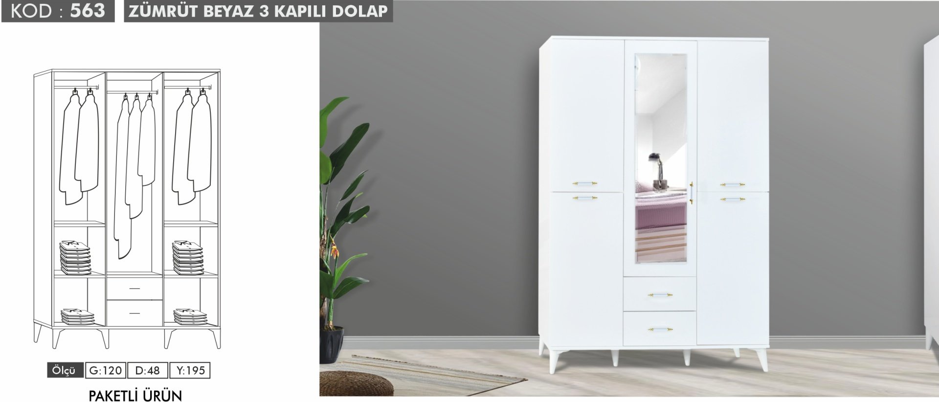 Maye 3 Kapılı Zümrüt  Beyaz Dolap