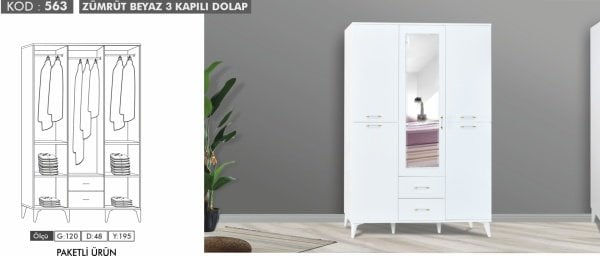 Maye 3 Kapılı Zümrüt  Beyaz Dolap