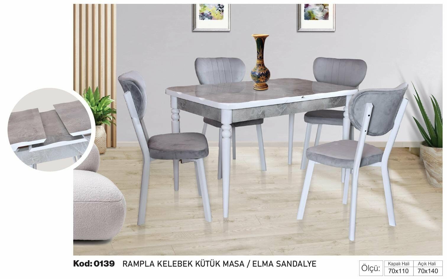 Rampla Kelebek Kütük Masa Gri Elma Sandalye