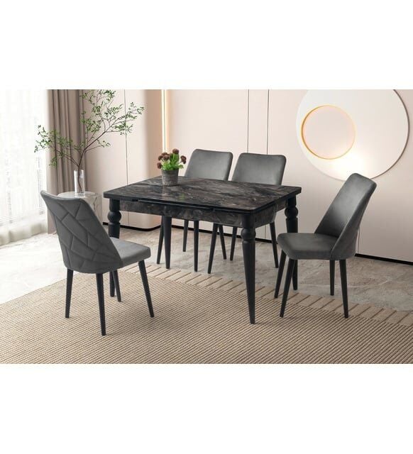 Mobilgen Siyah Mermer 4 Adet Berna Sandalye 120+60 Arda Açılabilir Masa Takımı