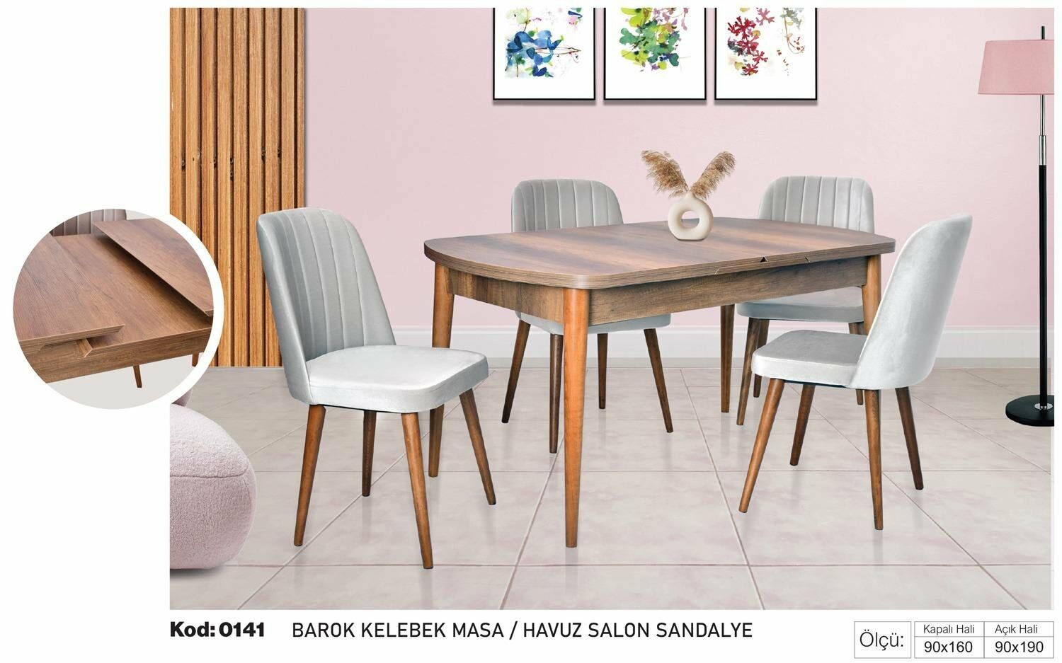 Barok Kelebek Masa Gri Havuz Salon Sandalye