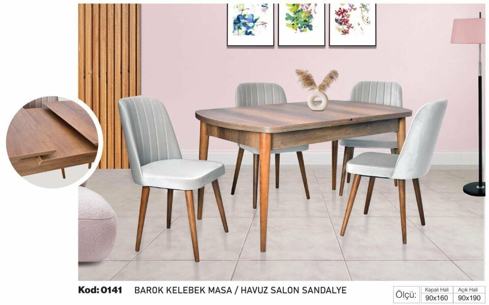 Barok Kelebek Masa Gri Havuz Salon Sandalye