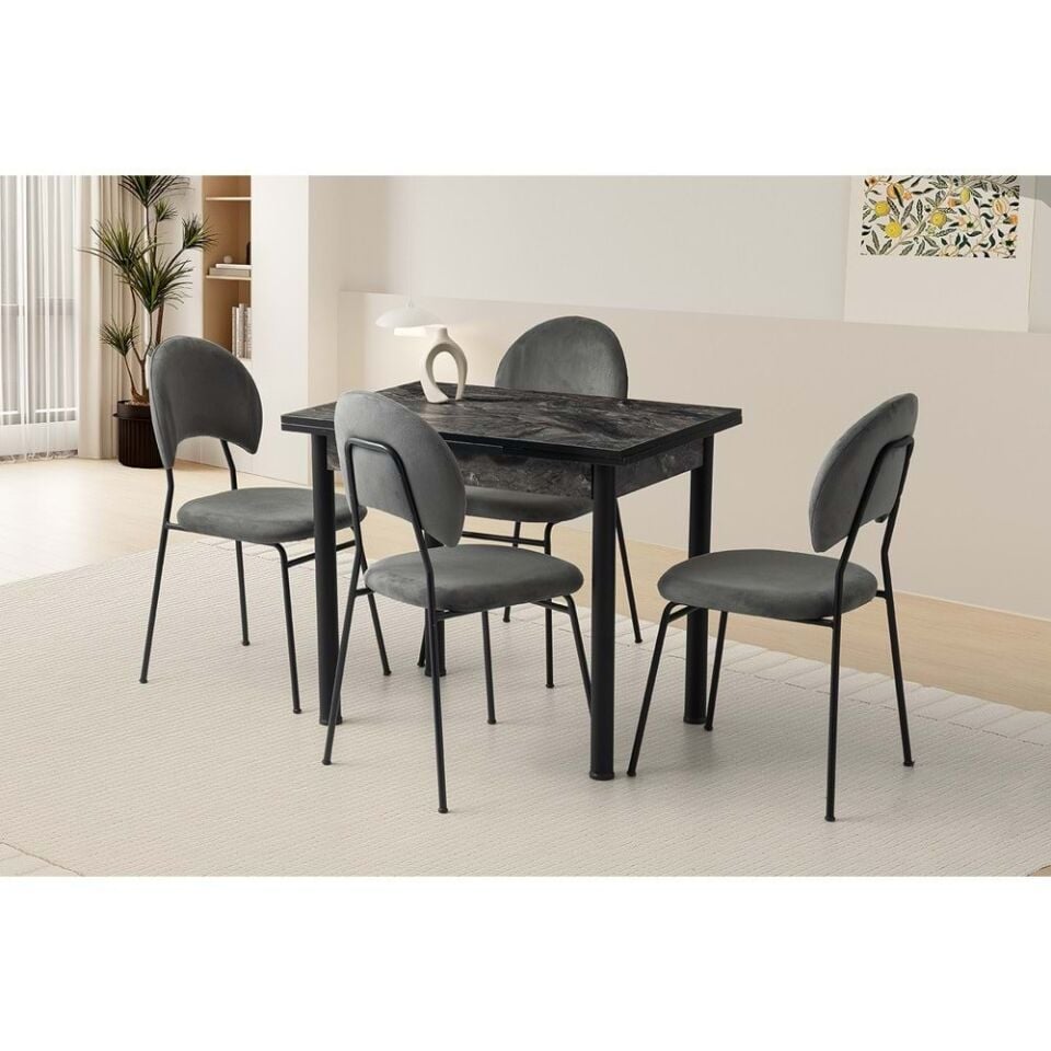 Mobilgen Siyah Mermer 4 Adet Suna Sandalye 90+60 Smart Açılabilir Masa Takımı