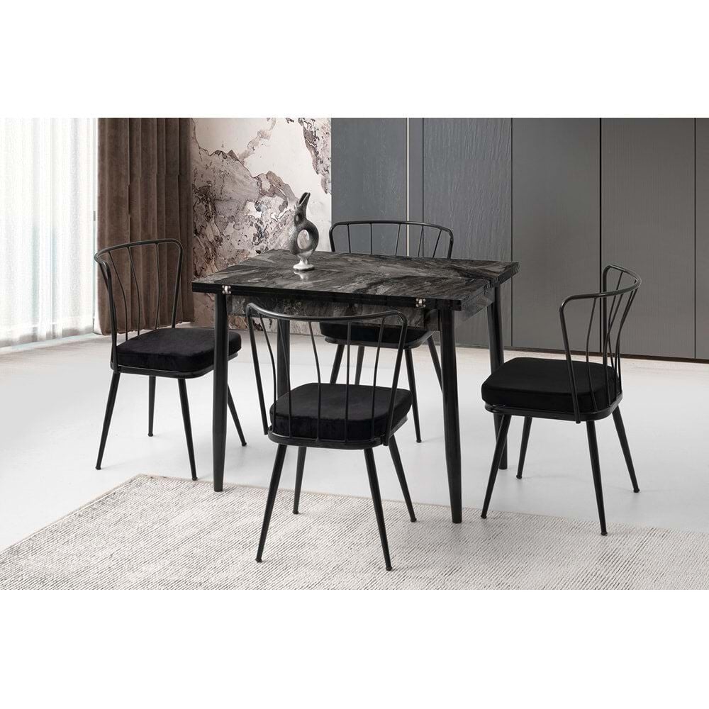 Mobilgen Siyah Mermer 4 Adet Güneş Sandalye 65+65 Kıvılcım Açılabilir Masa Takımı