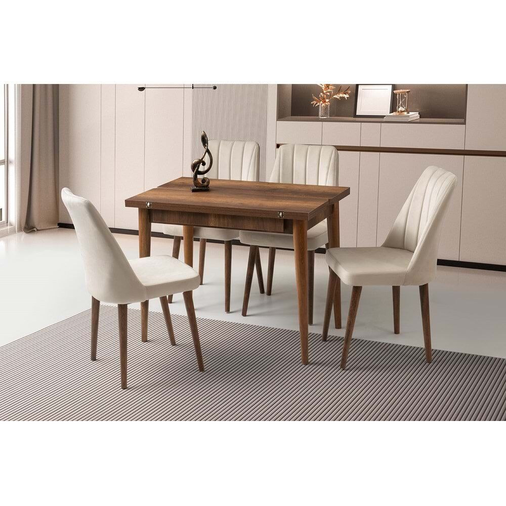 Mobilgen Barok Ceviz 4 Adet Sude Sandalye 65+65 Kıvılcım Açılabilir Masa Takımı