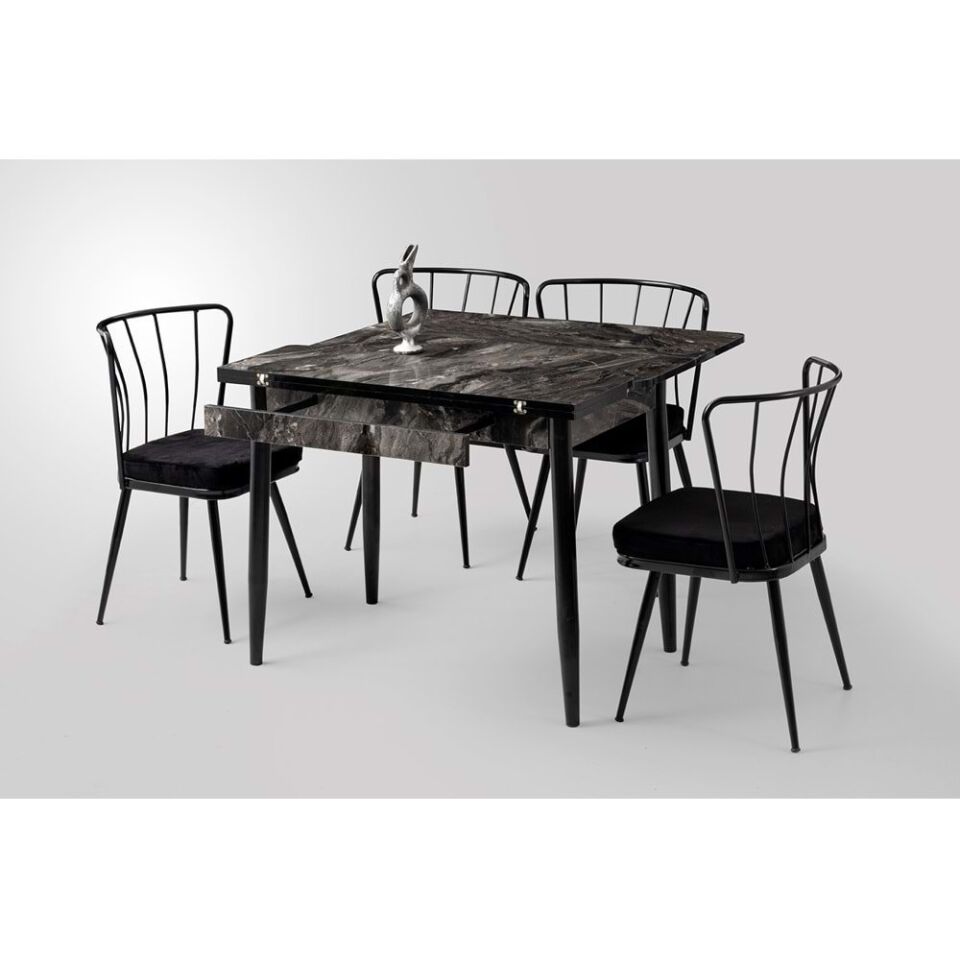 Mobilgen Barok Ceviz 4 Adet Sude Sandalye 65+65 Kıvılcım Açılabilir Masa Takımı