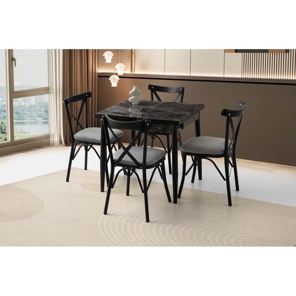 Mobilgen Siyah Mermer 4 Adet Çapraz Sandalye 80+80*75 Kıvılcım Açılabilir Masa Takımı