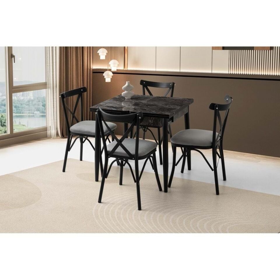 Mobilgen Siyah Mermer 4 Adet Çapraz Sandalye 80+80*75 Kıvılcım Açılabilir Masa Takımı