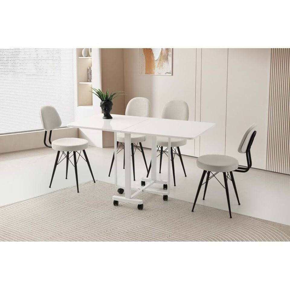 Mobilgen Beyaz 4 Adet Ece Sandalye Tekerlekli Katlanabilir Lizbon Masa Takımı
