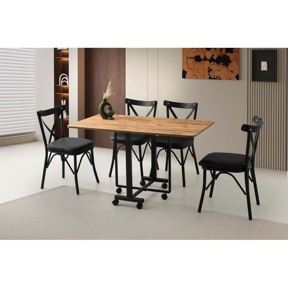 Mobilgen Diş Budak 4 Adet Çapraz Sandalye Tekerlekli Katlanabilir Lizbon Masa Takımı