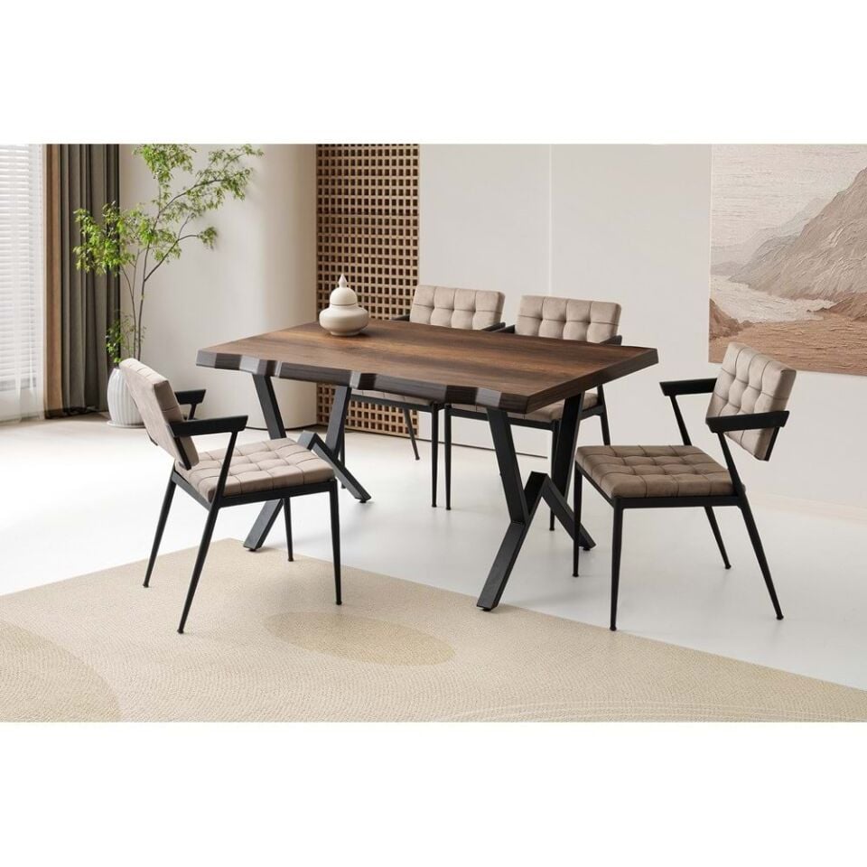 Mobilgen Barok Ceviz 4 Adet Banky Sandalye 140*90 Kütük Masa Takımı