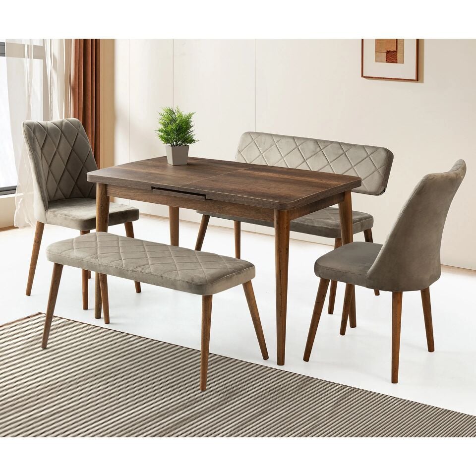 Mobilgen Ceviz 2 Adet Nova Sandalye - 1 Adet Atlanta Sırtlı Bench - 1 Adet Atlanta Sırtsız Bench Silva Açılabilir Masa Takımı