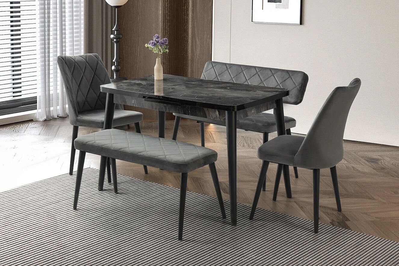 Mobilgen Siyah Mermer 2 Adet Nova Sandalye - 1 Adet Atlanta Sırtlı Bench - 1 Adet Atlanta Sırtsız Bench Silva Açılabilir Masa Takımı