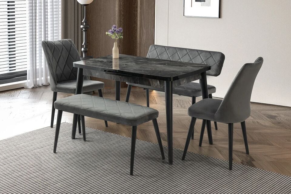 Mobilgen Siyah Mermer 2 Adet Nova Sandalye - 1 Adet Atlanta Sırtlı Bench - 1 Adet Atlanta Sırtsız Bench Silva Açılabilir Masa Takımı