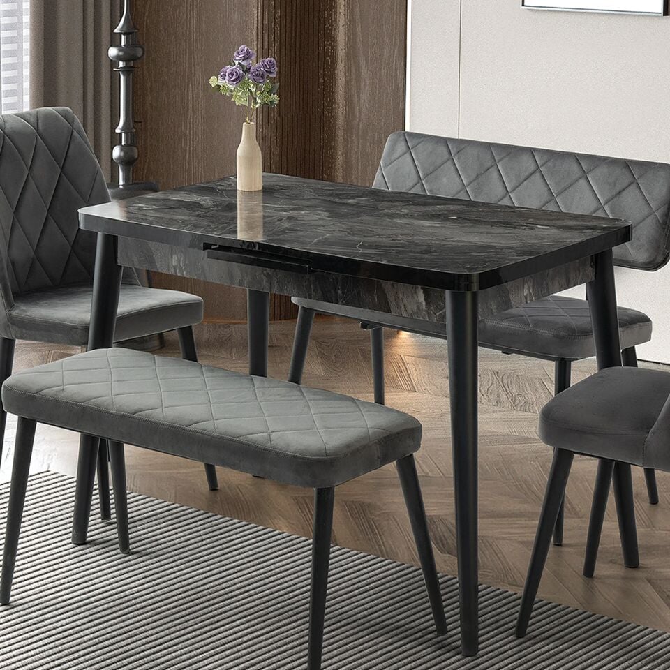 Mobilgen Siyah Mermer 2 Adet Nova Sandalye - 1 Adet Atlanta Sırtlı Bench - 1 Adet Atlanta Sırtsız Bench Silva Açılabilir Masa Takımı