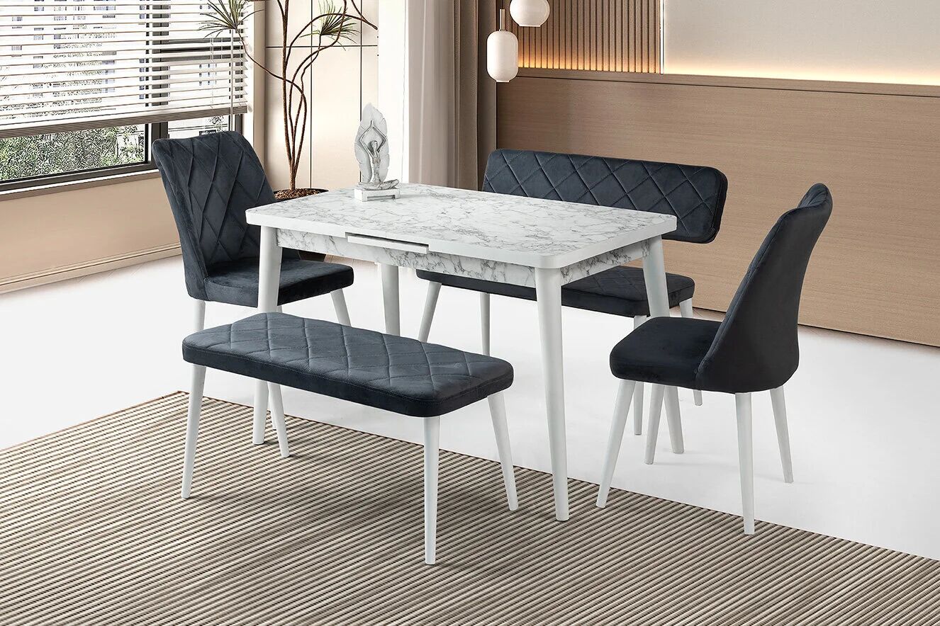 Mobilgen Beyaz Mermer 2 Adet Nova Sandalye - 1 Adet Atlanta Sırtlı Bench - 1 Adet Atlanta Sırtsız Bench Silva Açılabilir Masa Takımı