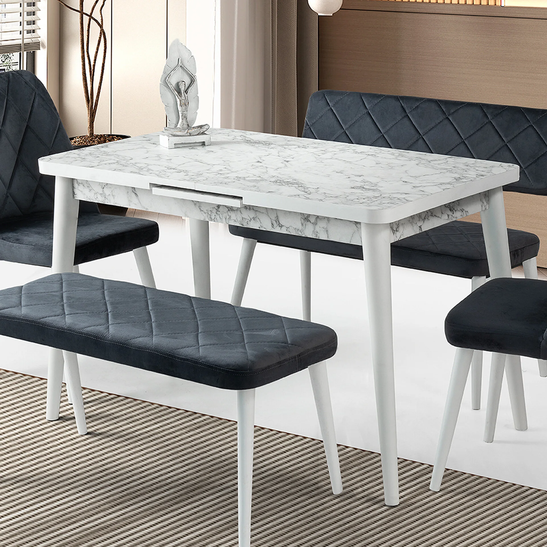 Mobilgen (Sadece Masa) Beyaz Mermer 120+30x70 Silva Açılabilir Masa