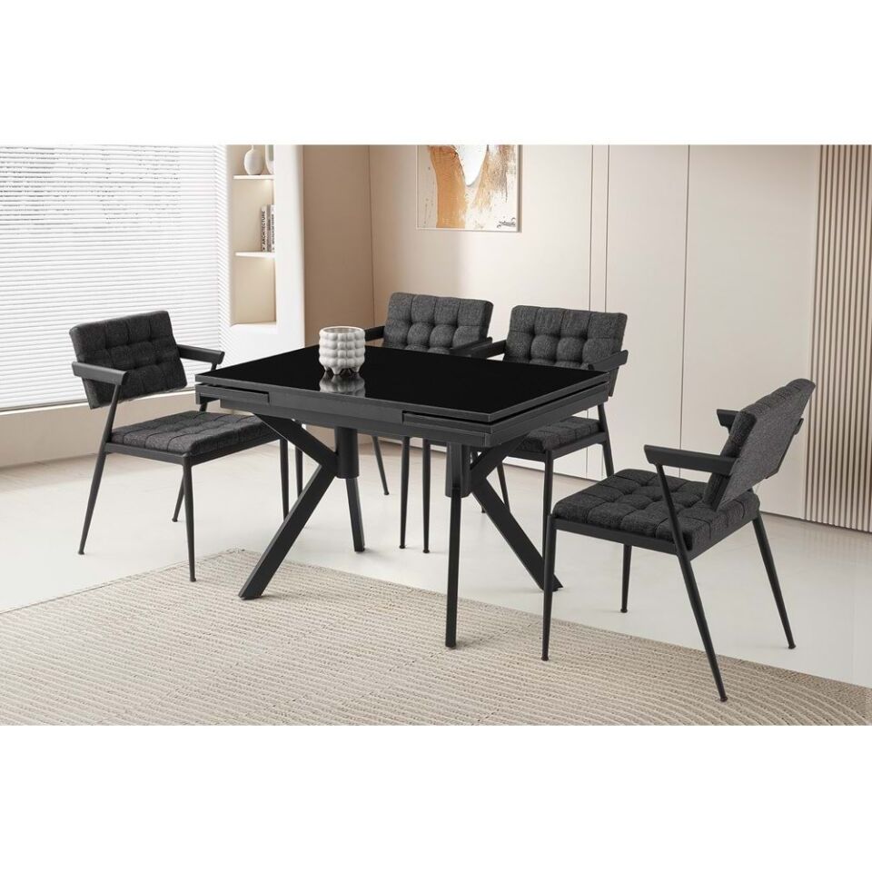 Mobilgen Siyah Cam 4 Adet Jumbo Sandalye 110+60 Petra Açılabilir Masa Takımı