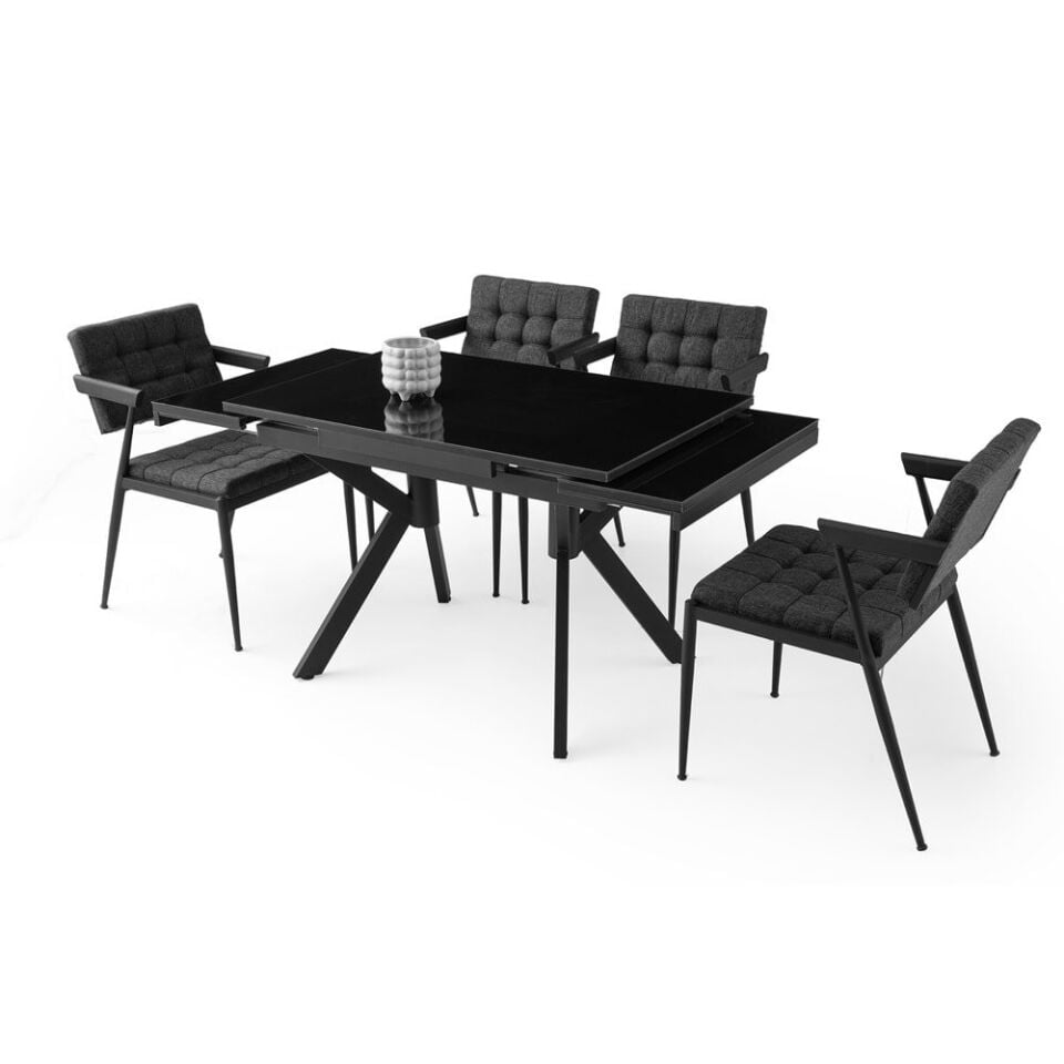 Mobilgen Siyah Cam 4 Adet Jumbo Sandalye 110+60 Petra Açılabilir Masa Takımı