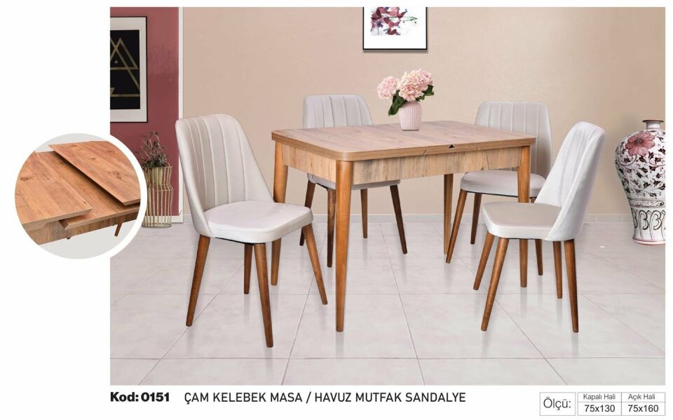 Çam Kelebek Masa Krem Havuz Mutfak Sandalye
