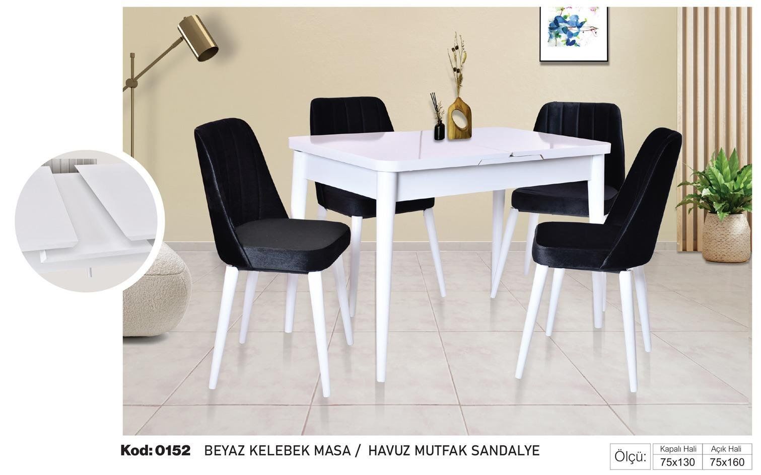 Beyaz Kelebek Masa Siyah Havuz Mutfak Sandalye