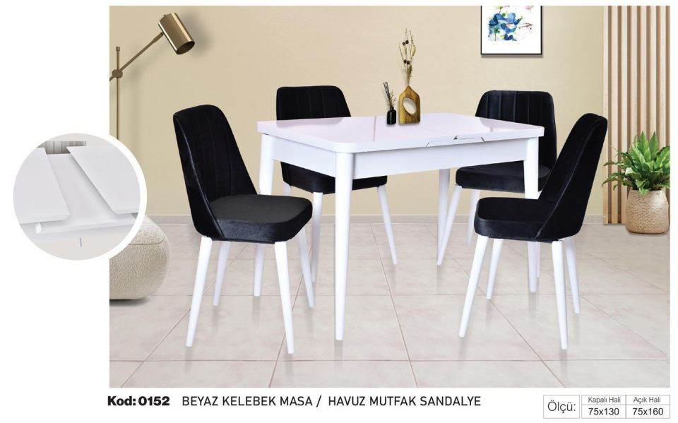 Beyaz Kelebek Masa Siyah Havuz Mutfak Sandalye