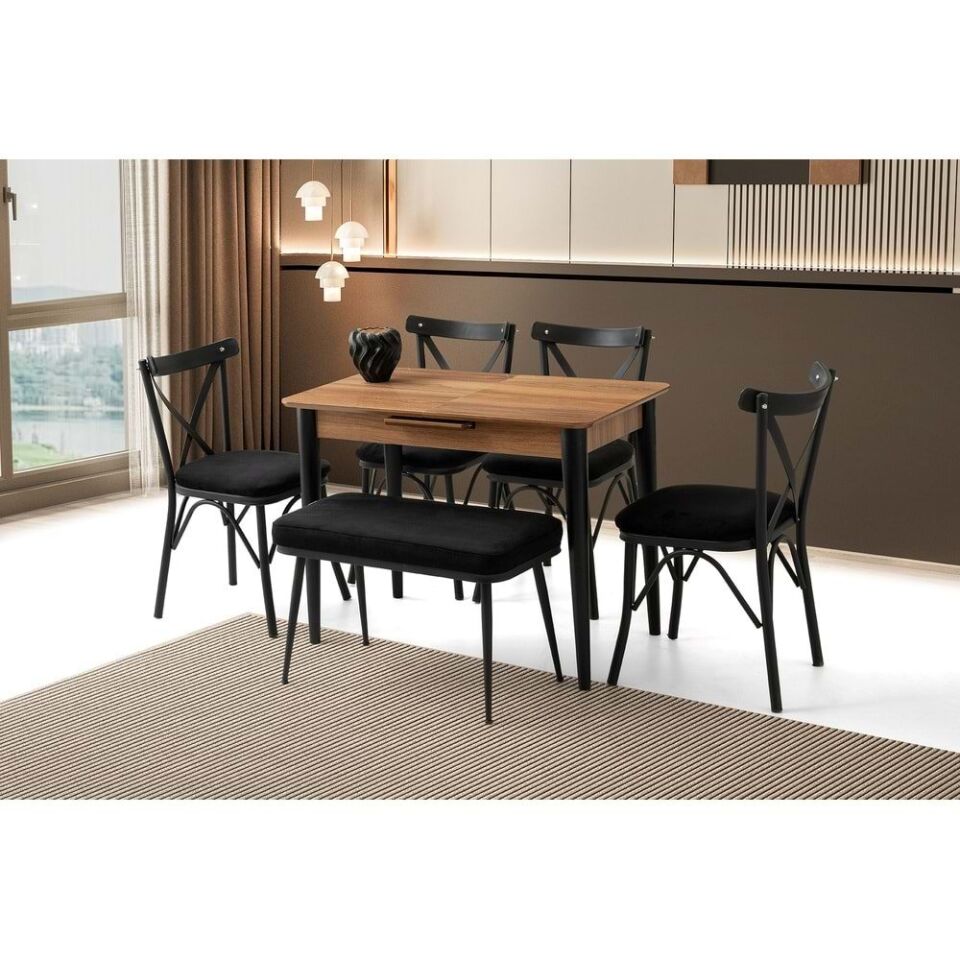 4 Adet Çapraz Sandalye - 1 Adet Atlanta Sırtsız Bench 100+25 Milano Açılabilir Masa Takımı