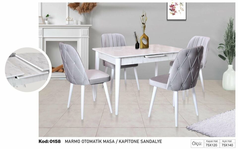 Marmo Beyaz Otomatik Masa Kapitone Sandalye